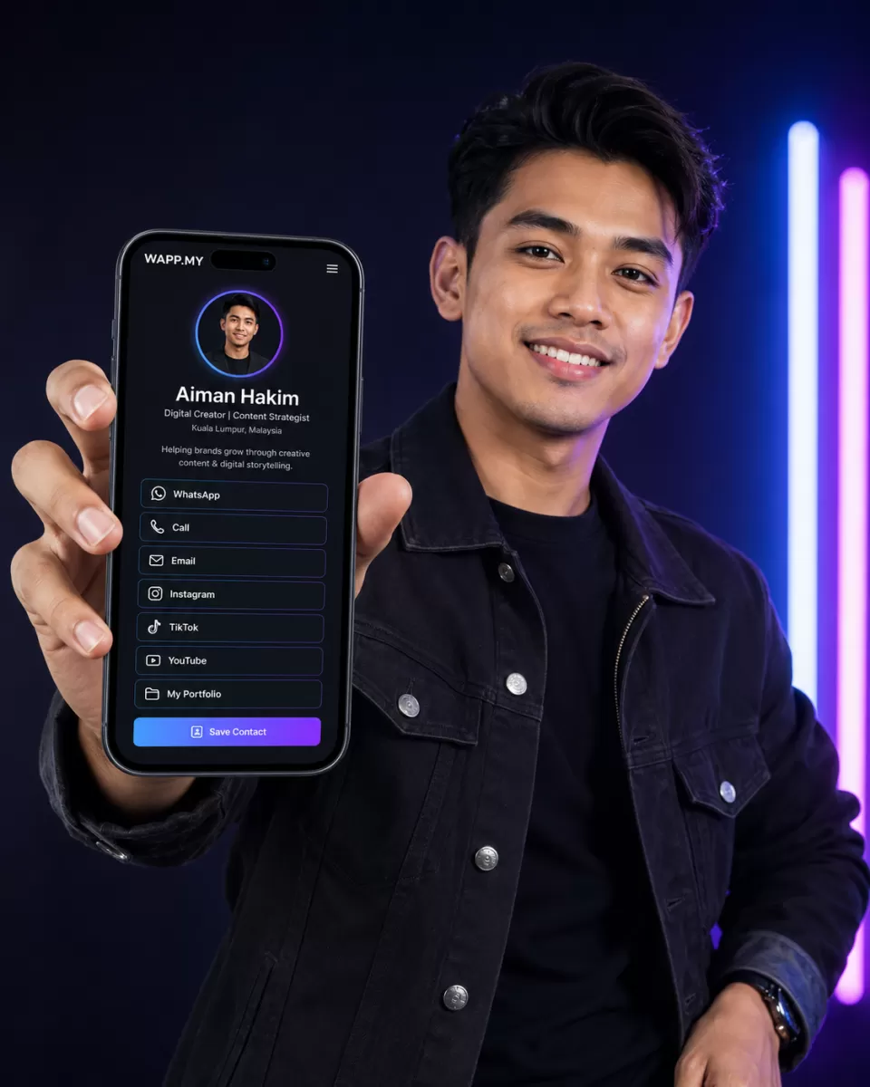 WAPP.MY vCard sample: Aiman Hakim, Creator and Influencer profile with photo, bio and WhatsApp chat button