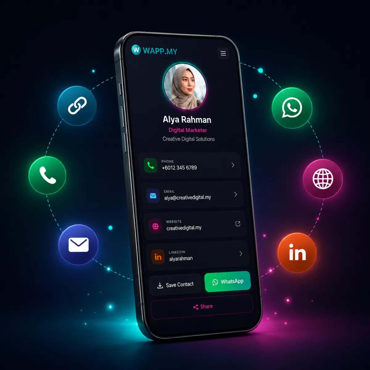 WAPP.MY vCard sample: Alya Rahman, Digital Marketer professional digital business card with photo and WhatsApp button