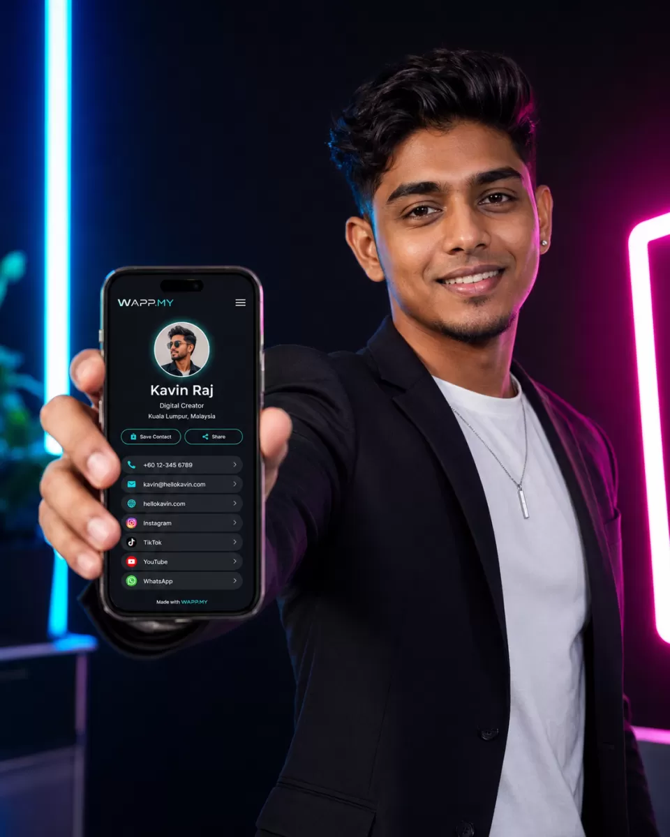 WAPP.MY vCard sample: Kavin Raj, Tech Creator digital profile with photo and WhatsApp integration