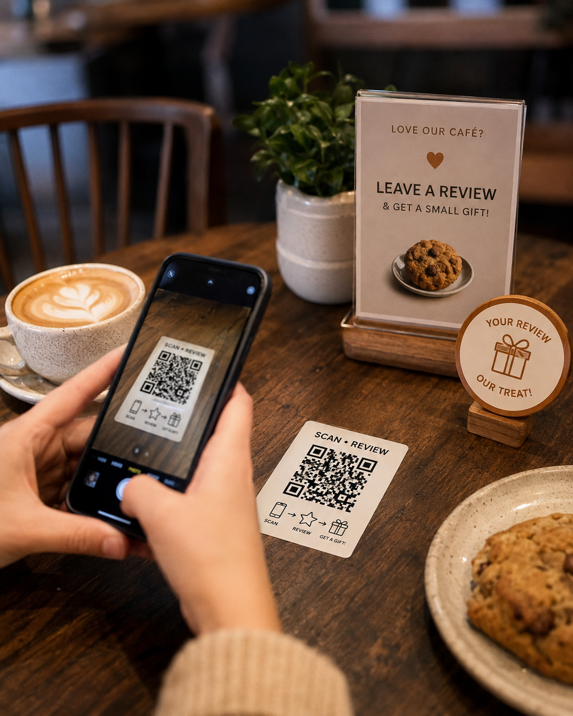 Cafe table card - leave a review get a small gift